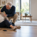vrouw is gevallen en haar man helpt haar